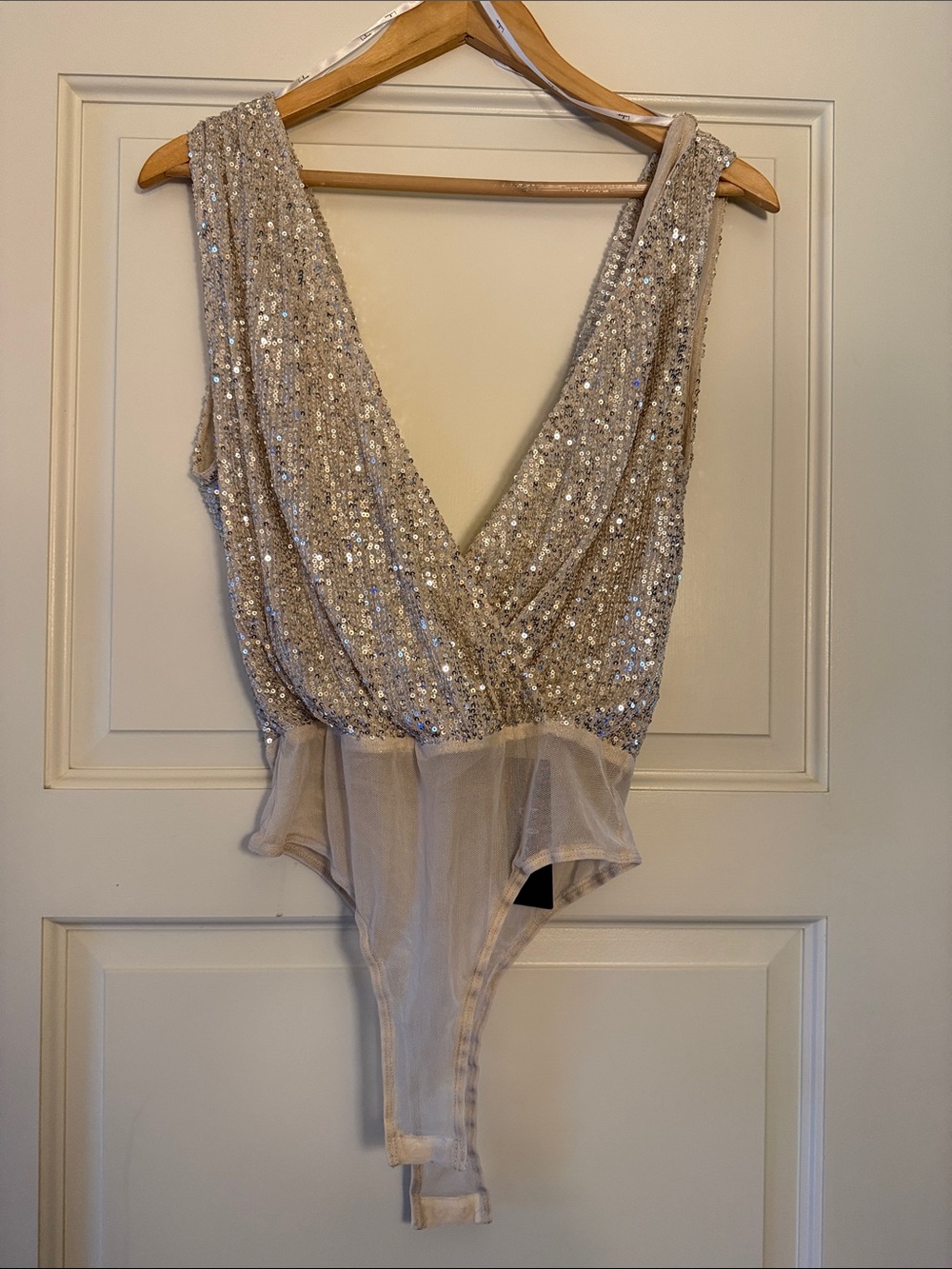Lulu's Champagne Sequin V-Neck Sleeveless Bodysuit